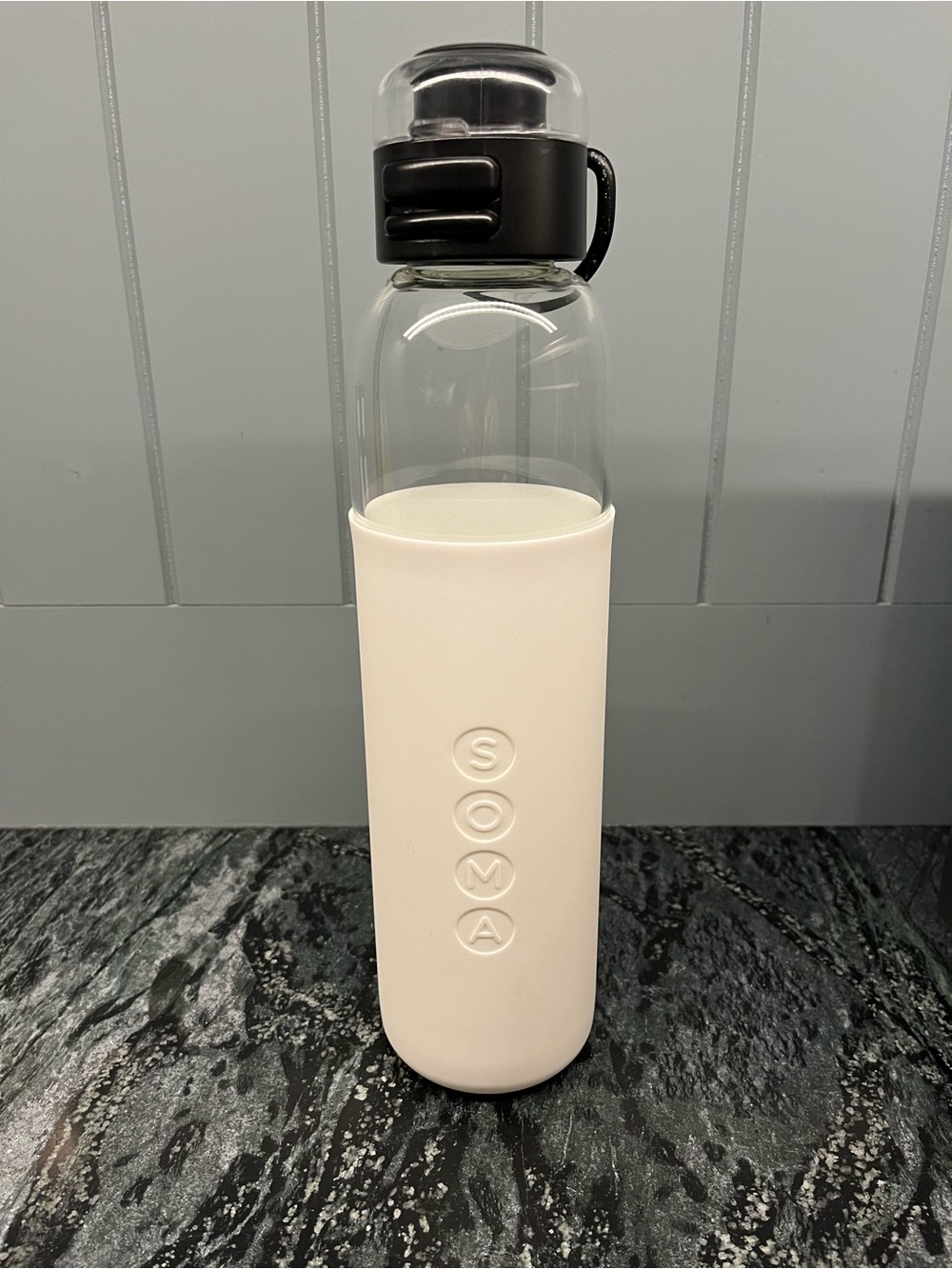 Soma White Glass Water Bottle with Black Cap